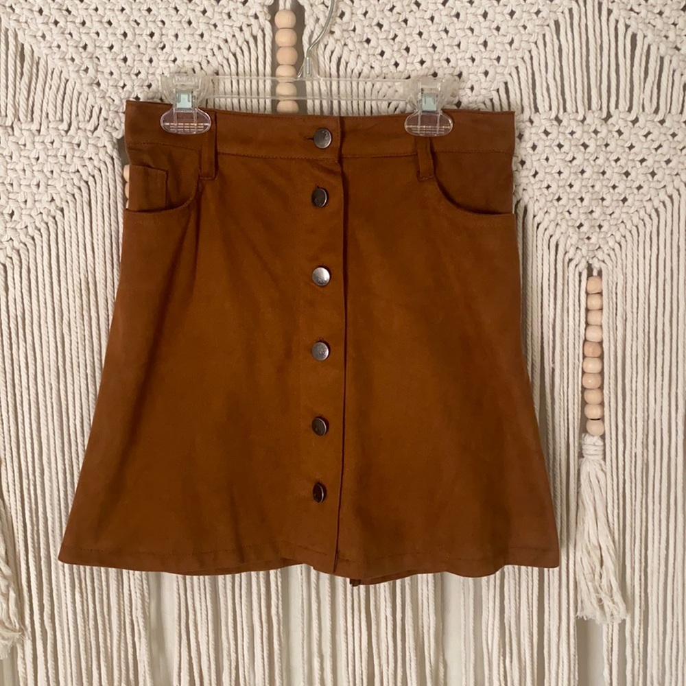 Brown suede button down mini skirt
